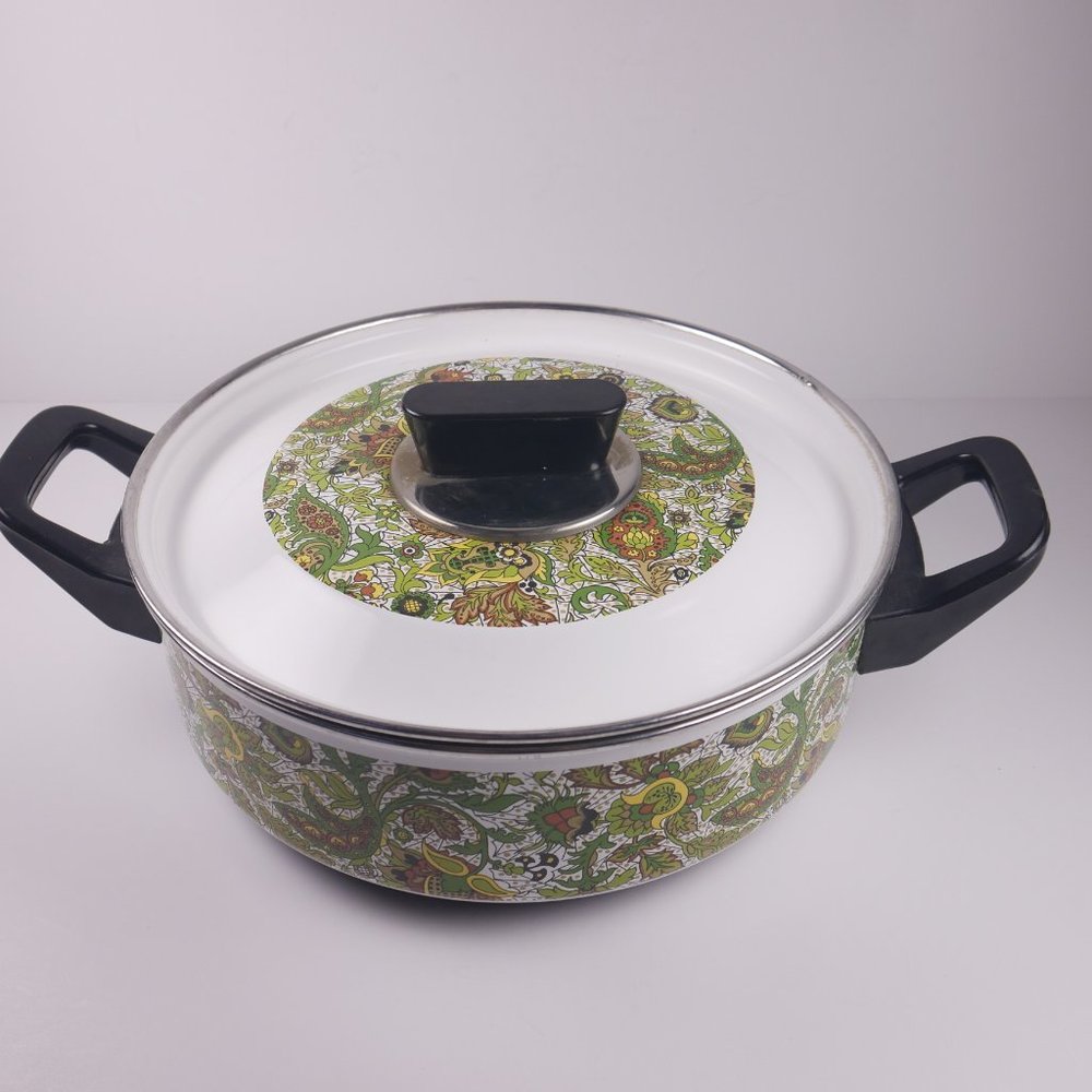 Vintage Avocado Green Paisley Enamel Ware Casserole Dish Fancipan 1970s Retro